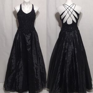 Black Taffeta Shimmery Ball Gown Corset Strappy Back Evening Glam Dress Small